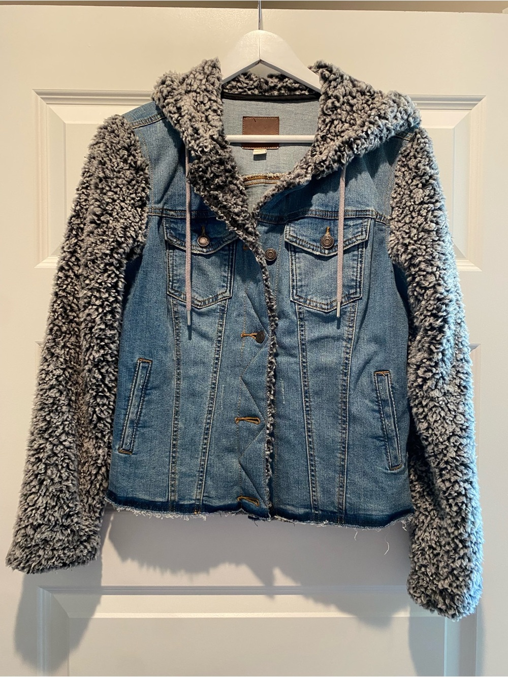 Maurices Blue Denim Jacket with Gray Sherpa Hood and Sleeves